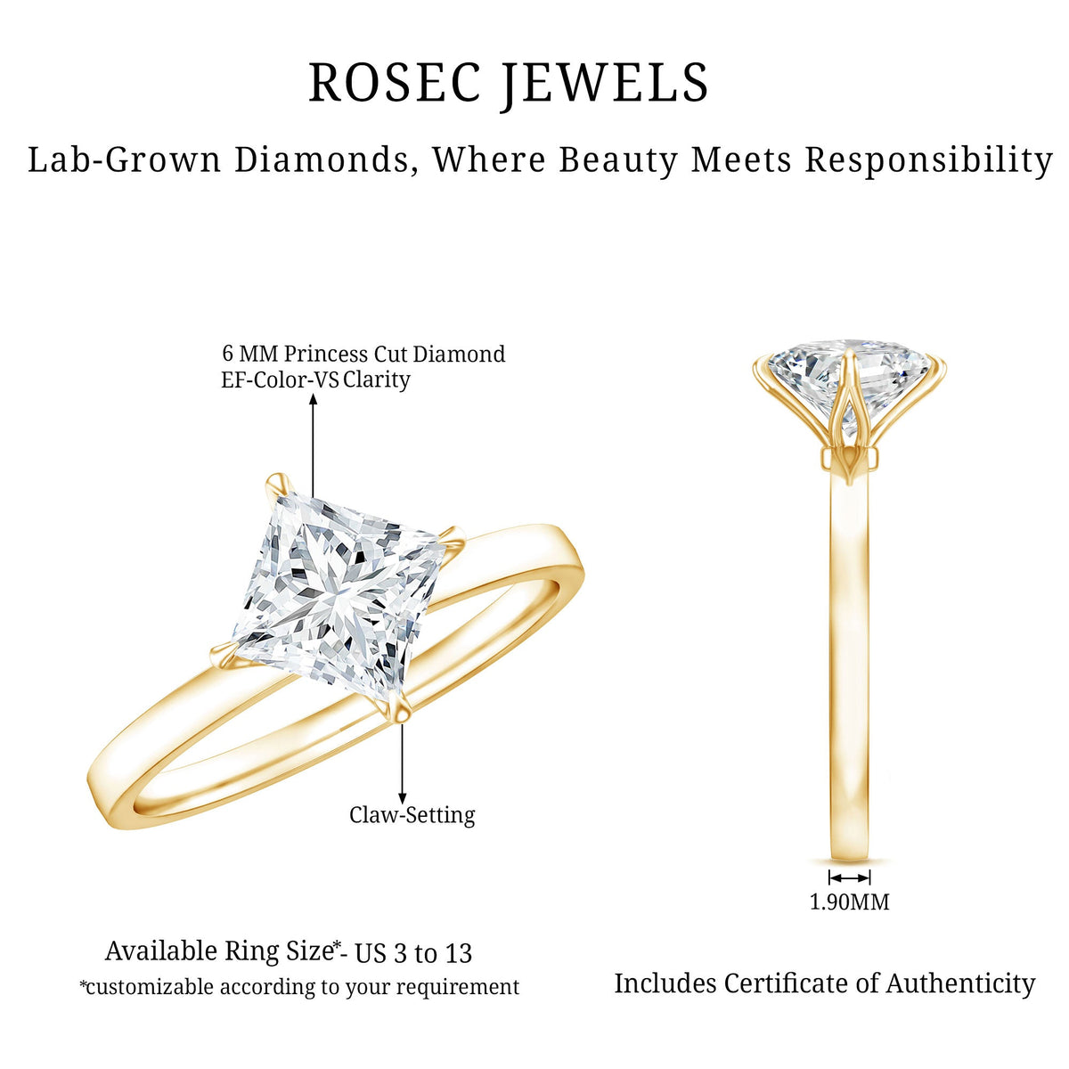 Rosec Jewels 1.25 CT princess cut lab-grown diamond solitaire engagement ring showcasing a sparkling square diamond on a sleek band