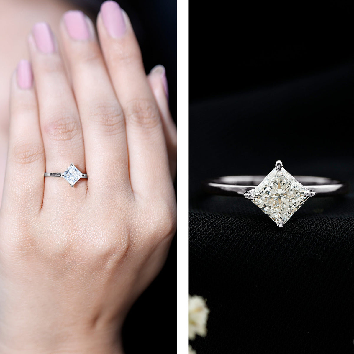 Rosec Jewels 1.25 CT princess cut lab-grown diamond solitaire engagement ring showcasing a sparkling square diamond on a sleek band.