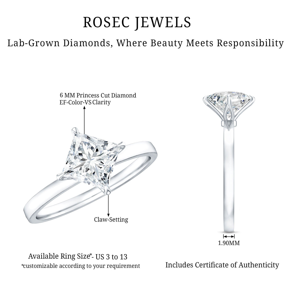 1.25 CT princess cut lab grown diamond solitaire engagement ring by Rosec Jewels featuring a sleek band and sparkling center stone.