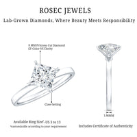 1.25 CT princess cut lab grown diamond solitaire engagement ring by Rosec Jewels featuring a sleek band and sparkling center stone.