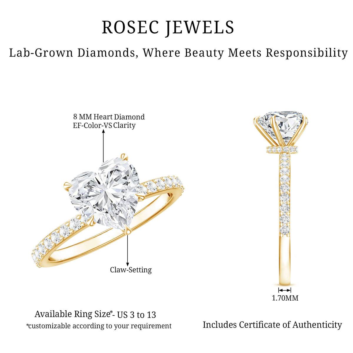 Rosec Jewels 2 Carat Lab Grown Diamond Heart Engagement Ring for Her with sterling silver band and sparkling VS clarity diamonds.