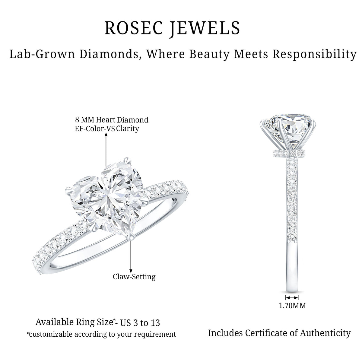 Rosec Jewels 2 Carat Lab Grown Diamond Heart Engagement Ring in sterling silver, featuring a sparkling heart-shaped diamond for her.