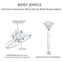 Rosec Jewels 2 Carat Lab Grown Diamond Solitaire Engagement Ring with Hidden Halo, sterling silver band, detailed gemstone setting.