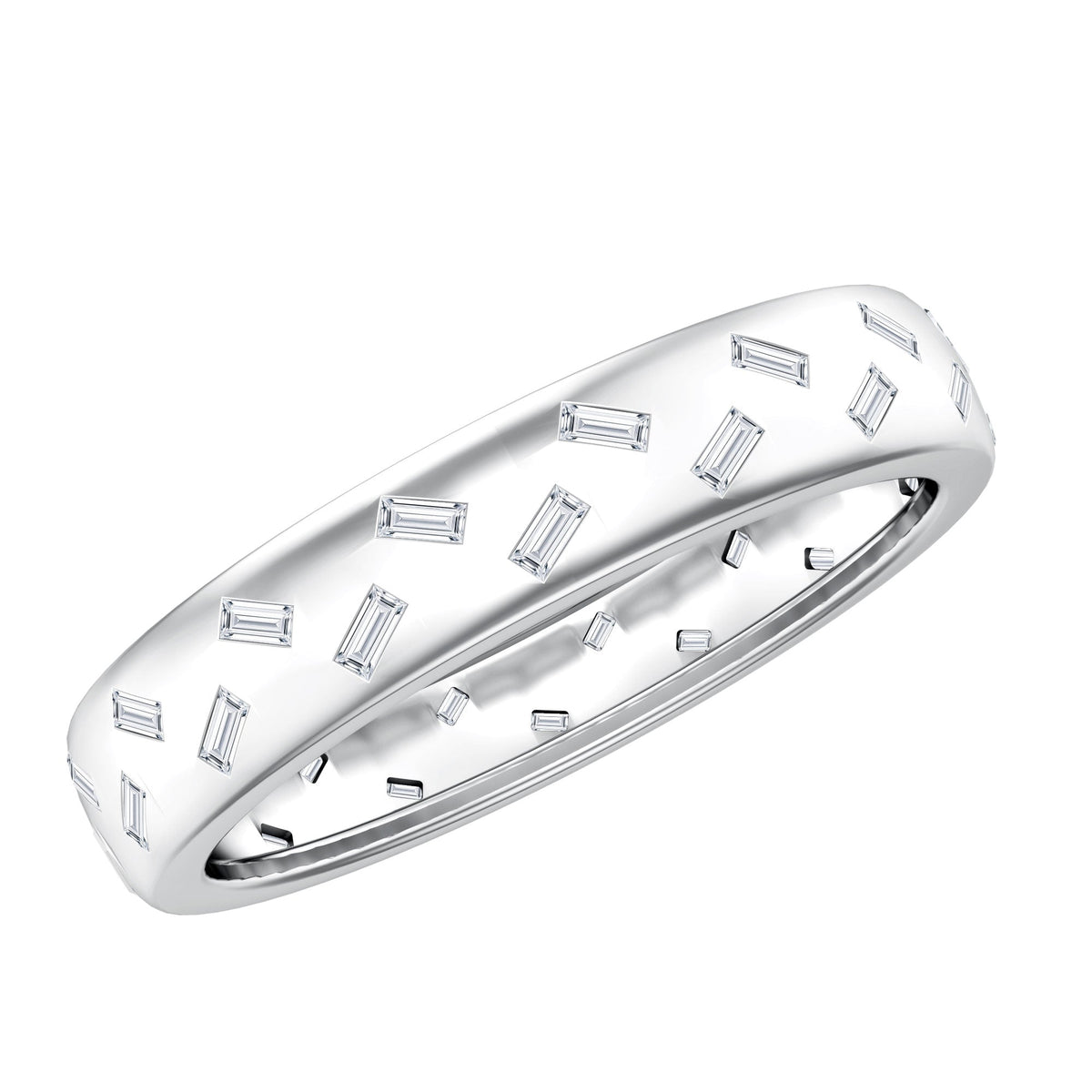 Rosec Jewels baguette cut lab grown diamond wedding band with certification, showcasing elegant design and sparkling stones.
