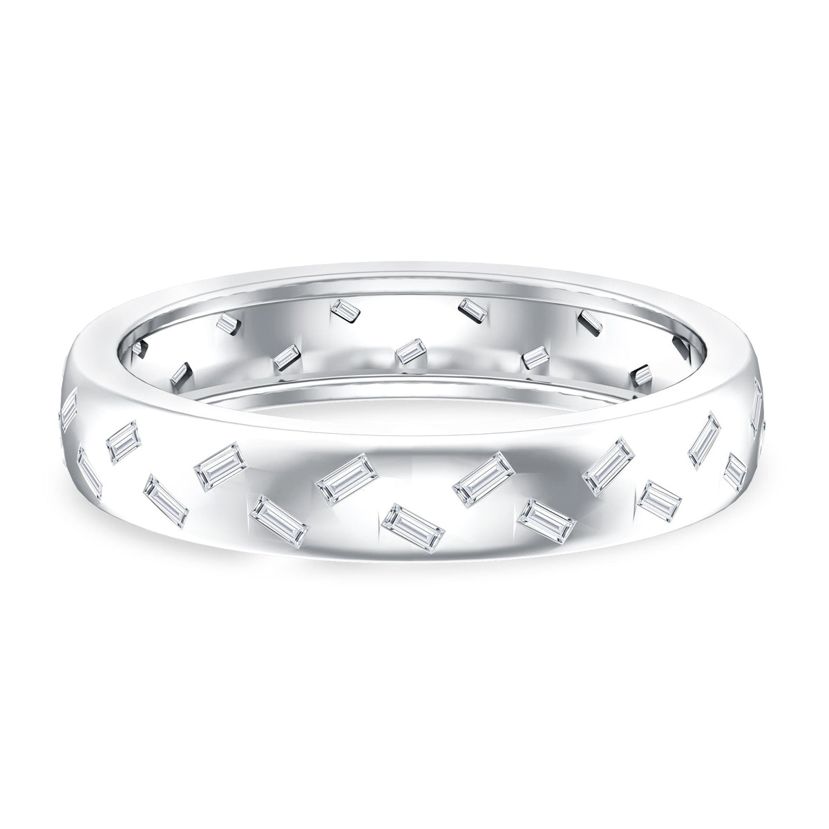 Rosec Jewels baguette cut lab-grown diamond wedding band with certificate, featuring a sleek ring design.