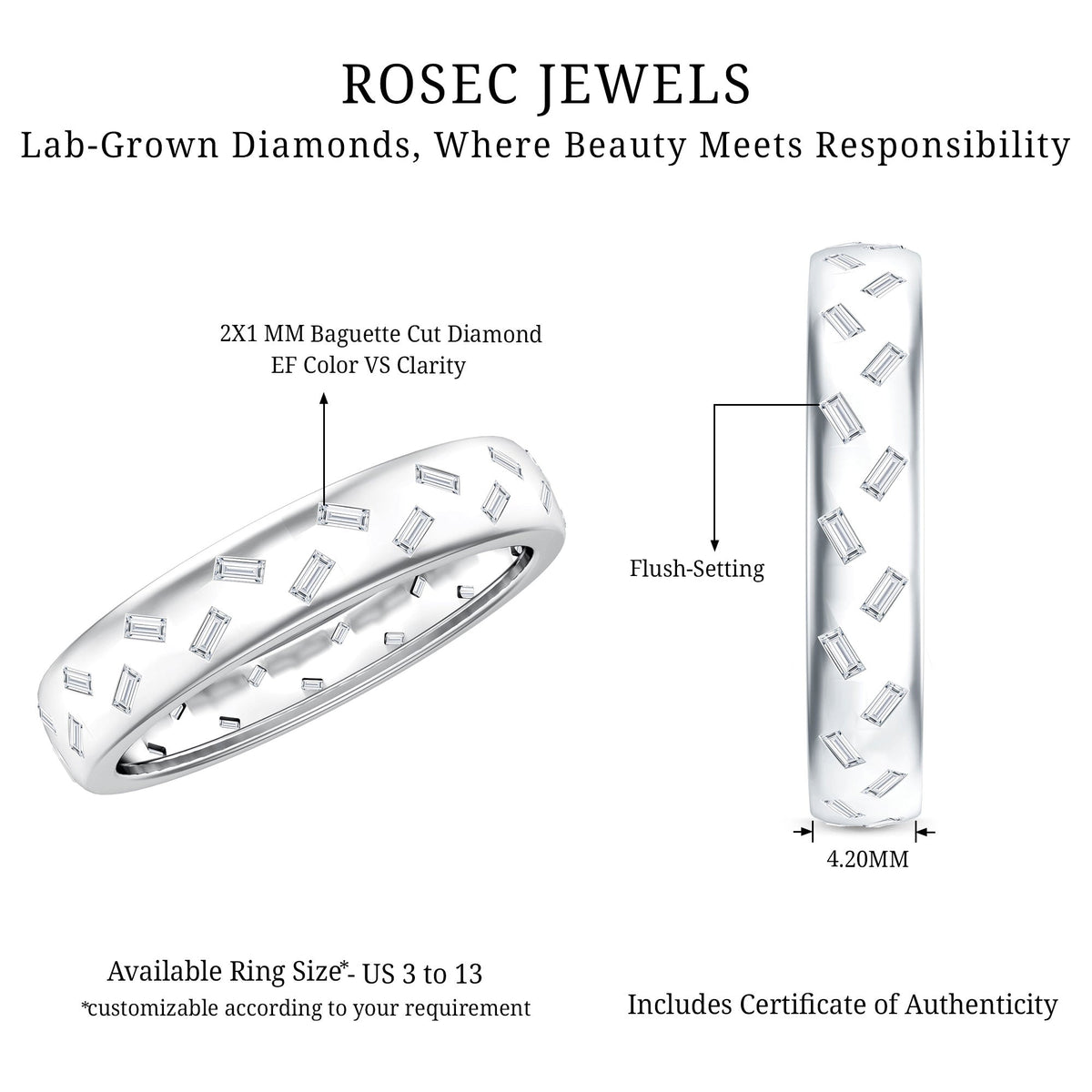 Rosec Jewels baguette cut lab-grown diamond wedding band with certificate, showcasing elegant diamond ring design.