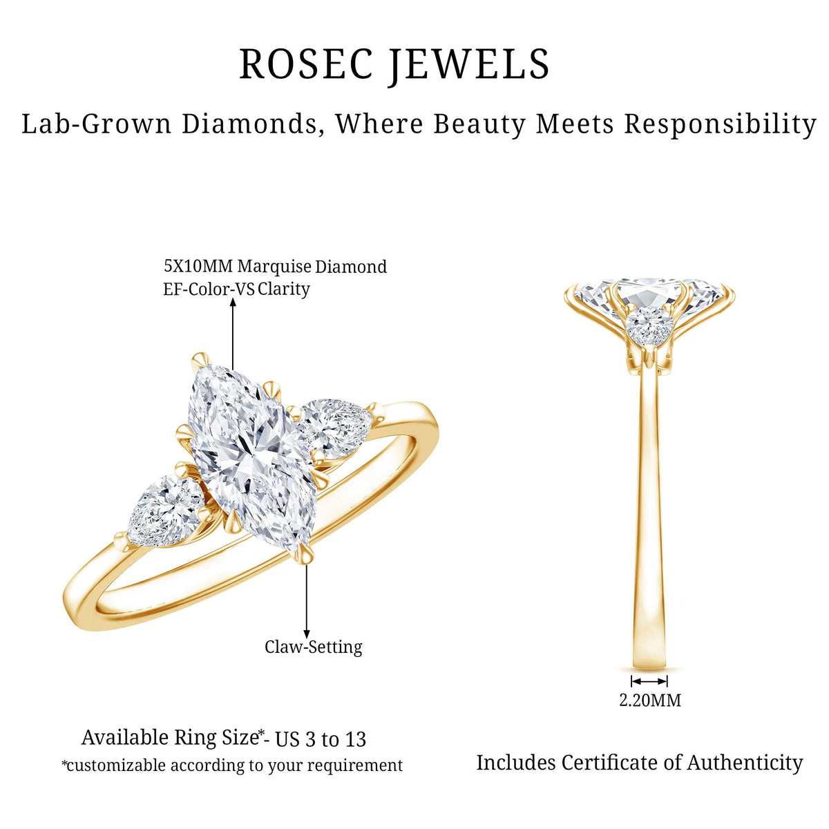 Rosec Jewels lab-grown diamond three-stone engagement ring for women, featuring sparkling diamonds and elegant band design.