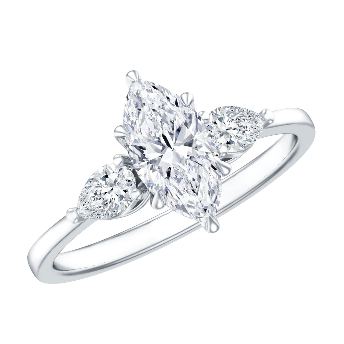 Certified lab-grown diamond three-stone engagement ring for women by Rosec Jewels, featuring sparkling diamonds on a sleek band.