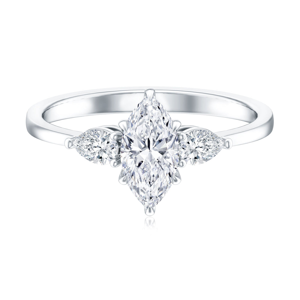 Certified lab-grown diamond three stone engagement ring for women by Rosec Jewels, featuring sparkling center stones and elegant band.