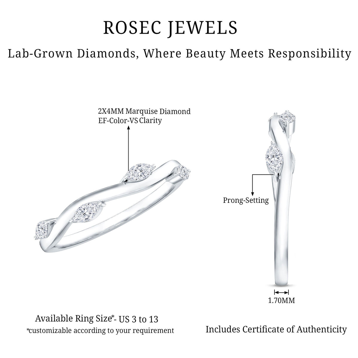 Marquise cut lab-grown diamond wedding band by Rosec Jewels with sparkling diamonds set in a sleek gold band.