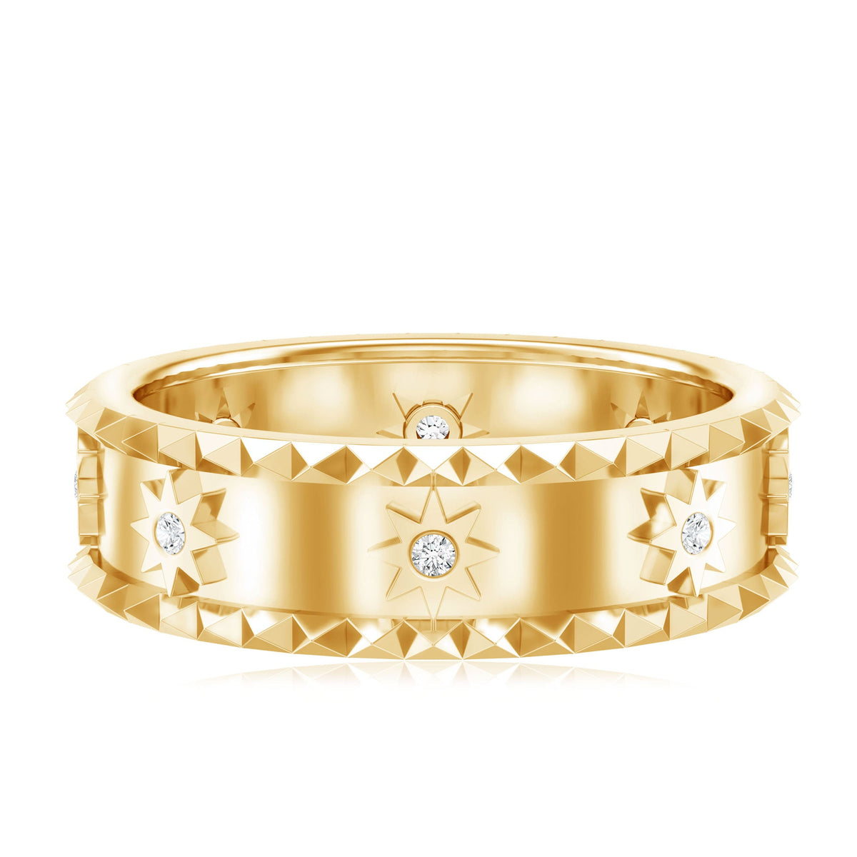 Vintage-inspired lab-grown diamond starburst wedding band by Rosec Jewels, featuring a sparkling, intricate design in silver-tone metal.