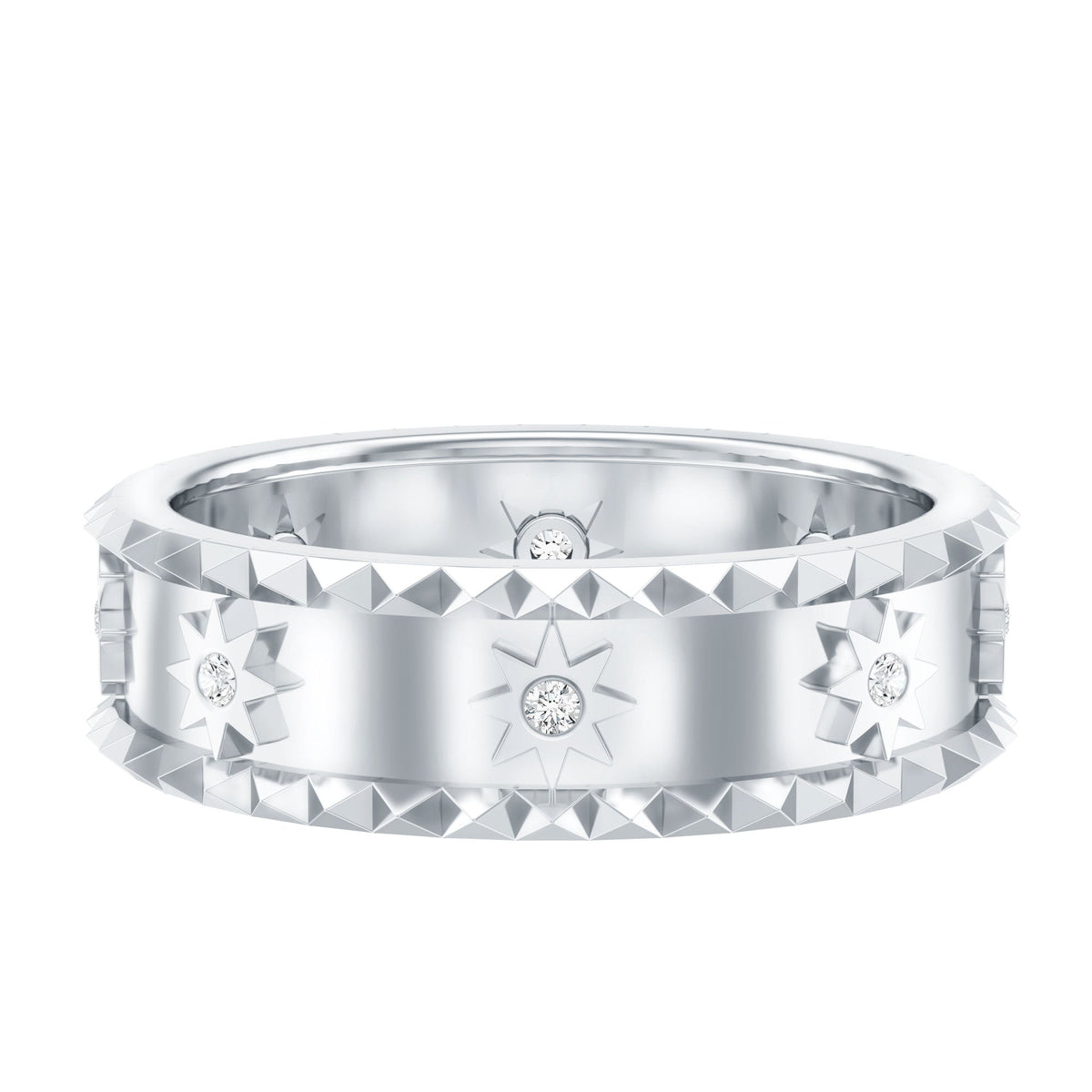 Vintage-inspired lab-grown diamond starburst wedding band from Rosec Jewels, featuring intricate design and sparkling diamonds.