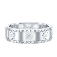 Vintage-inspired lab-grown diamond starburst wedding band from Rosec Jewels, featuring intricate design and sparkling diamonds.