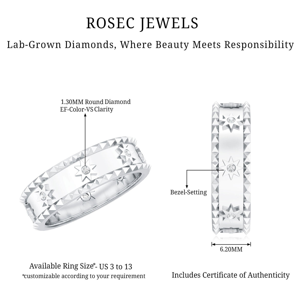 Vintage-inspired lab-grown diamond starburst wedding band from Rosec Jewels, showcasing a sparkling diamond-studded design.