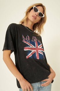 Rosie Karma Def Leppard Union Jack distressed t-shirt featuring bold graphic print and casual fit, shown on a hanger.