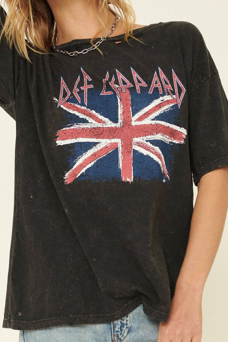 Rosie Karma Def Leppard Union Jack distressed T-shirt featuring a bold British flag design on a casual shirt.