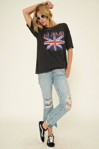 Rosie Karma Def Leppard Union Jack distressed T-shirt featuring bold band logo and vibrant British flag design.