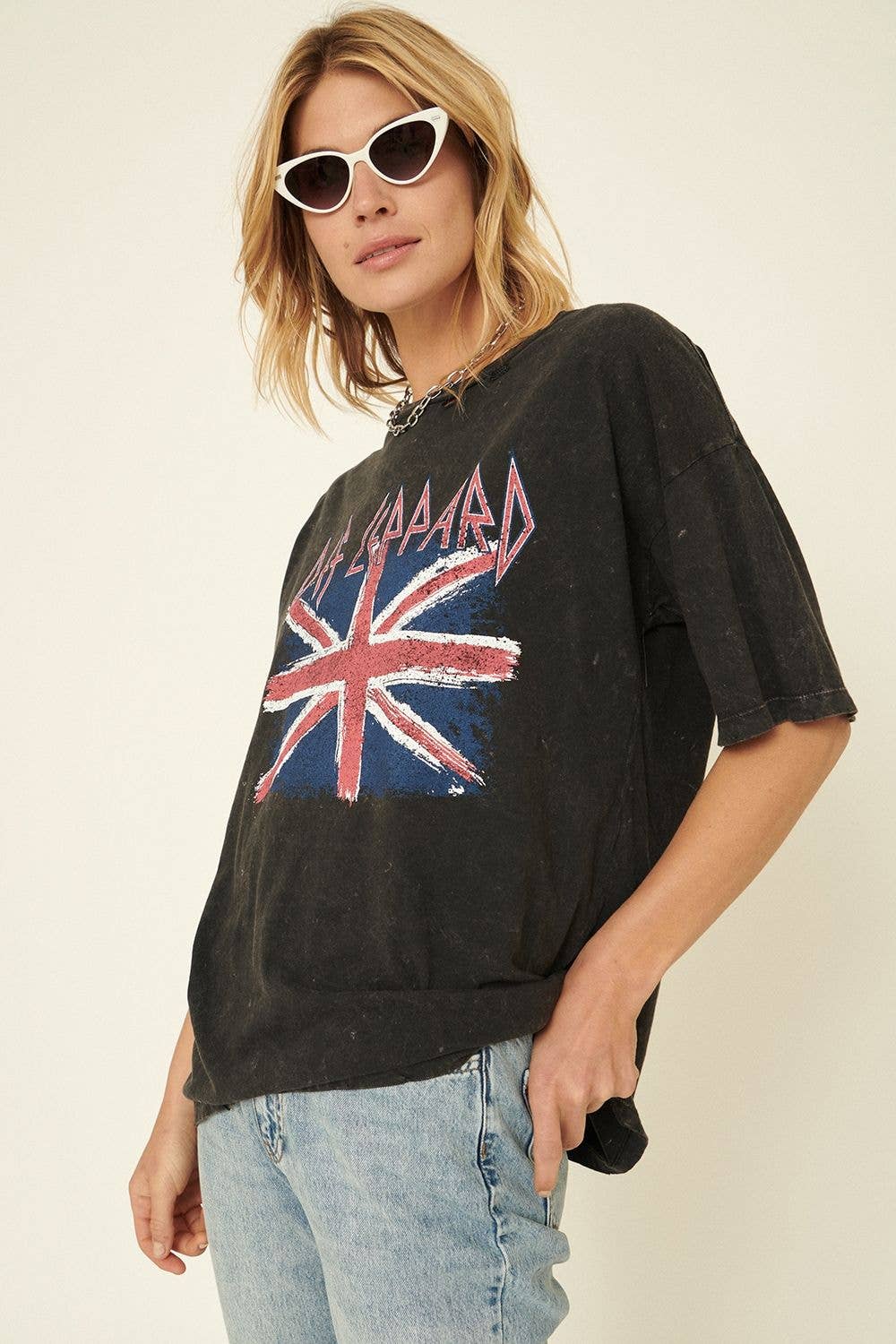 Rosie Karma Def Leppard Union Jack distressed graphic T-shirt featuring bold Union Jack design and vintage rock style.
