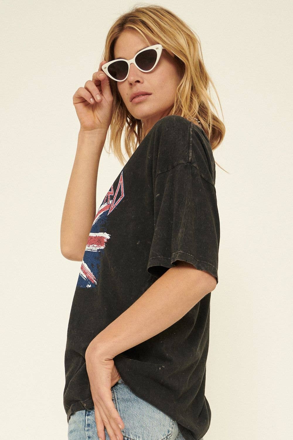 Rosie Karma Def Leppard Union Jack distressed graphic tee shirt with vintage style design and bold rock band motif.