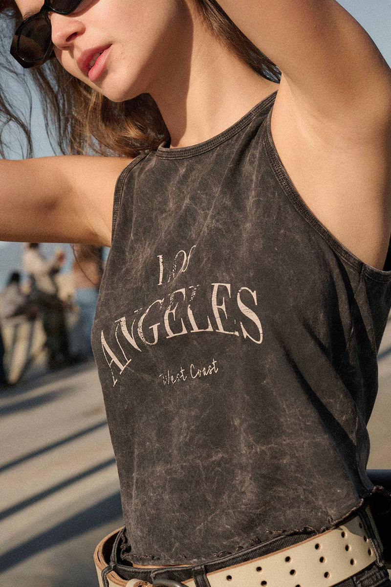Rosie Karma Los Angeles graphic tank top featuring a stylish cityscape design, casual sleeveless shirt for warm weather.
