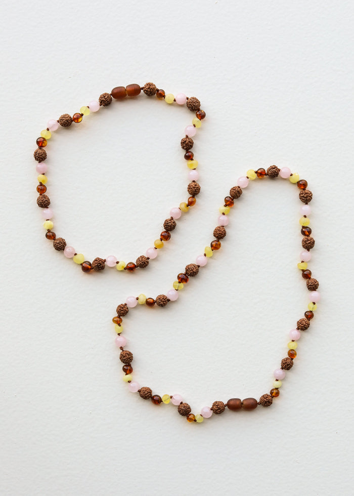Cognac Baltic Sea Amber + Rudraksha || Rose Quartz || Necklace Set