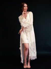Silky chiffon lace-trimmed long lingerie robe and nightgown from SelenaHuanStudio, featuring delicate fabric and elegant design.