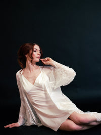 Silky chiffon trimmed lace long lingerie robe and nightgown by SelenaHuanStudio, featuring delicate lace details and flowing fabric.