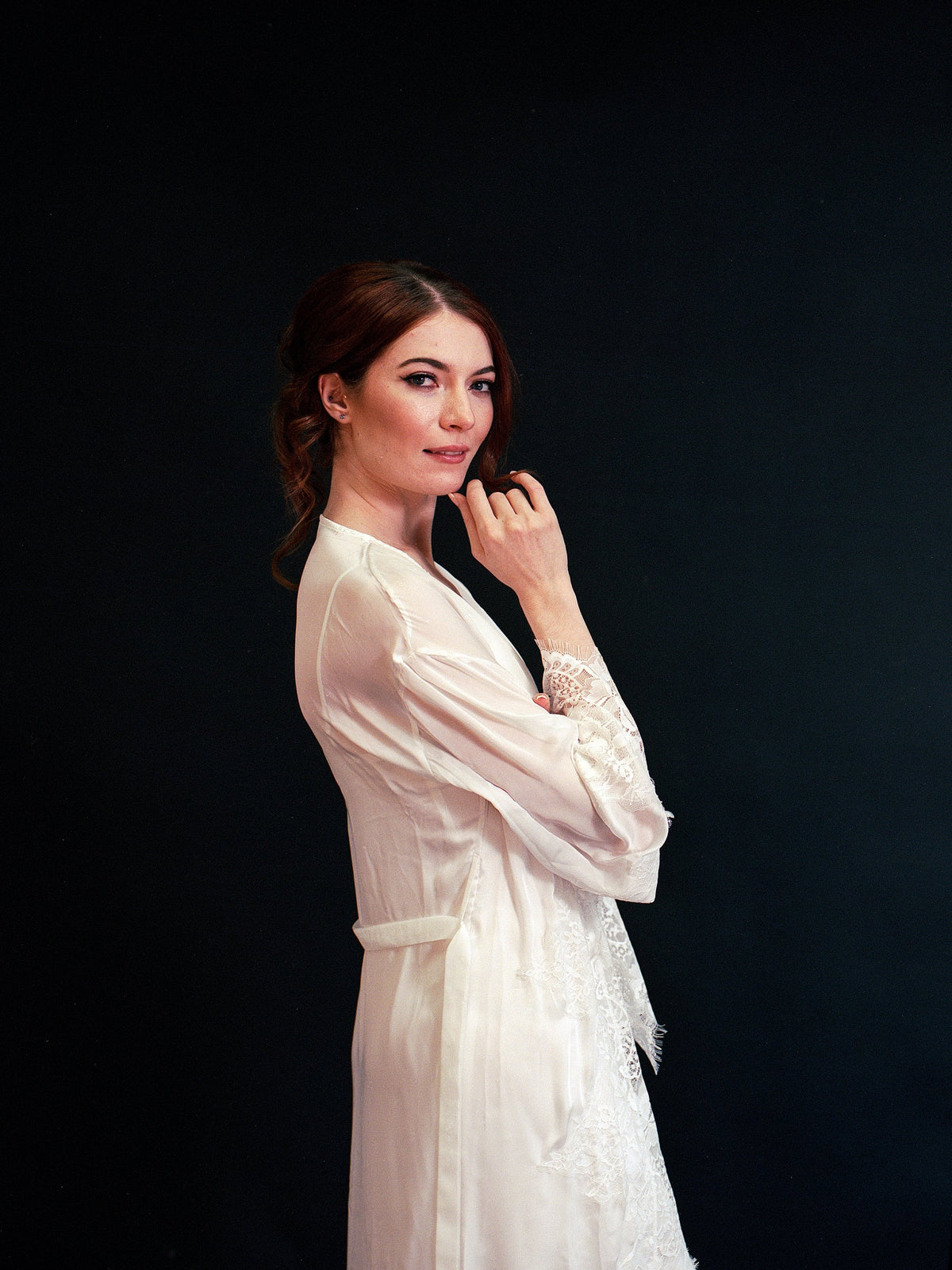 SelenaHuanStudio silky chiffon lace long lingerie robe and nightgown with trim, elegant and lightweight for luxurious sleepwear.