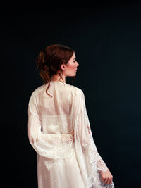 Silky chiffon lace-trimmed long lingerie robe and nightgown by SelenaHuanStudio, featuring delicate fabric and elegant design.
