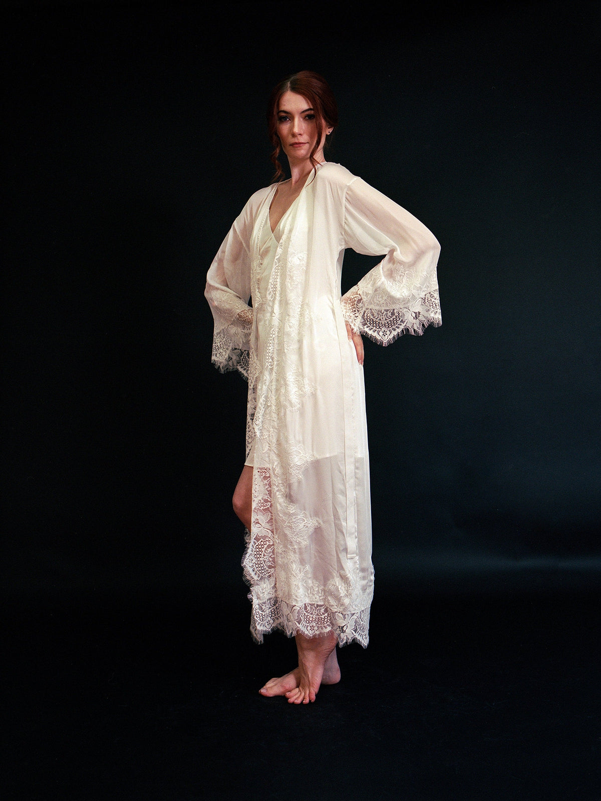 Silky chiffon trimmed lace long lingerie robe and nightgown by SelenaHuanStudio, featuring elegant lace details and flowing fabric.