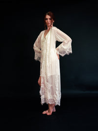 Silky chiffon trimmed lace long lingerie robe and nightgown by SelenaHuanStudio, featuring elegant lace details and flowing fabric.