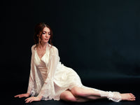 Silky chiffon lace-trimmed long lingerie robe and nightgown by SelenaHuanStudio, featuring delicate lace details and flowing fabric.
