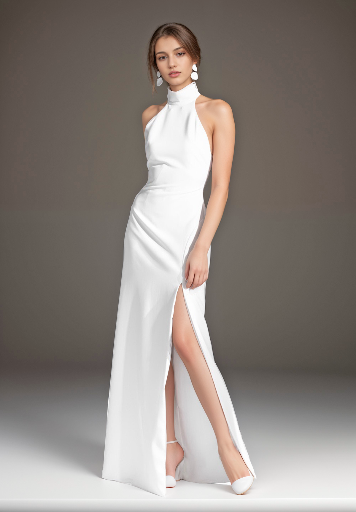 Elegant satin mini wedding dress with halter neckline, open back, thigh split, designed by SelenaHuanStudio.
