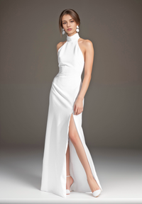 Elegant satin mini wedding dress with halter neckline, open back, thigh split, designed by SelenaHuanStudio.