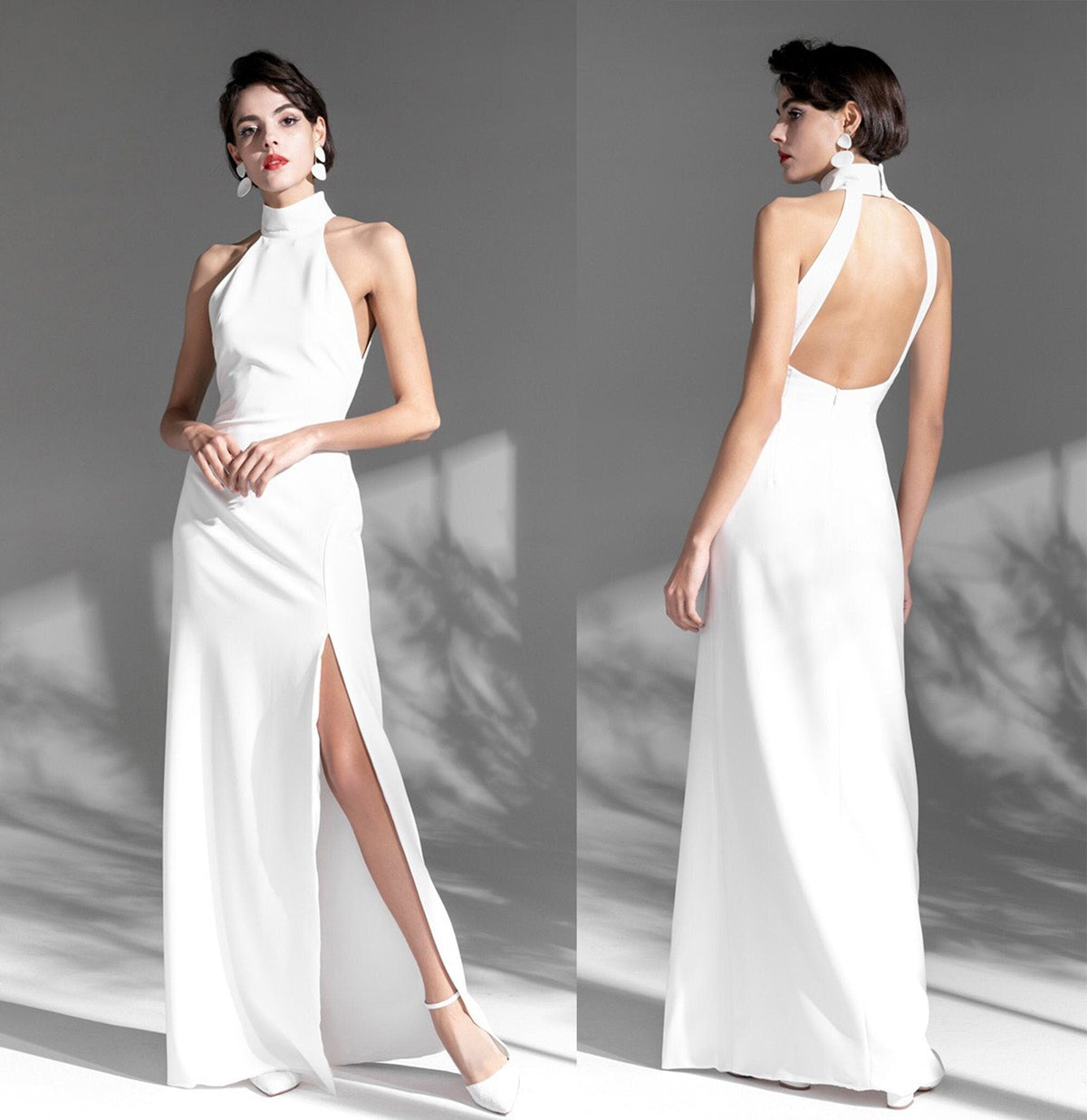 Elegant satin mini wedding dress by SelenaHuanStudio featuring a haltered neckline, open back, and thigh-high slit.