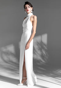 SelenaHuanStudio elegant satin haltered back mini wedding dress with thigh split, featuring a hallowed back and stylish design.