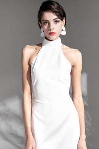 Elegant satin mini wedding dress with halter neckline, hollow back, thigh split, designed by SelenaHuanStudio.