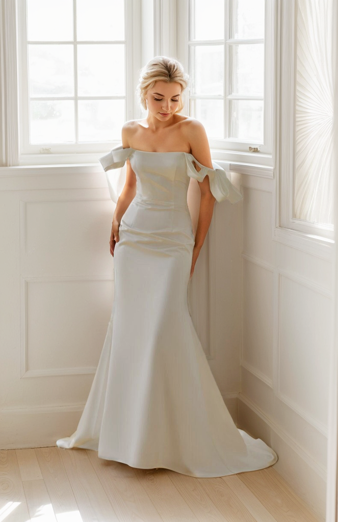 Elegant off-the-shoulder fit and flare duchess satin wedding dress by SelenaHuanStudio, featuring a simple and sophisticated design.