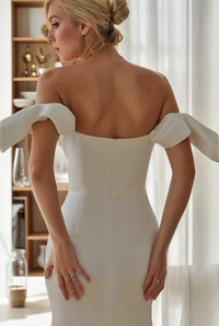 Elegant off-the-shoulder fit and flare duchess satin wedding dress, simple miniwedding gown by SelenaHuanStudio.