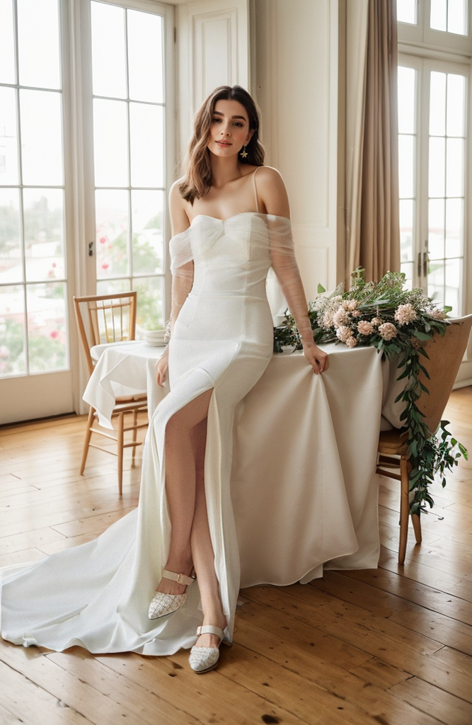 Elegant off-the-shoulder satin wedding dress with tulle long sleeves and fit-and-flare silhouette, designed by SelenaHuanStudio.