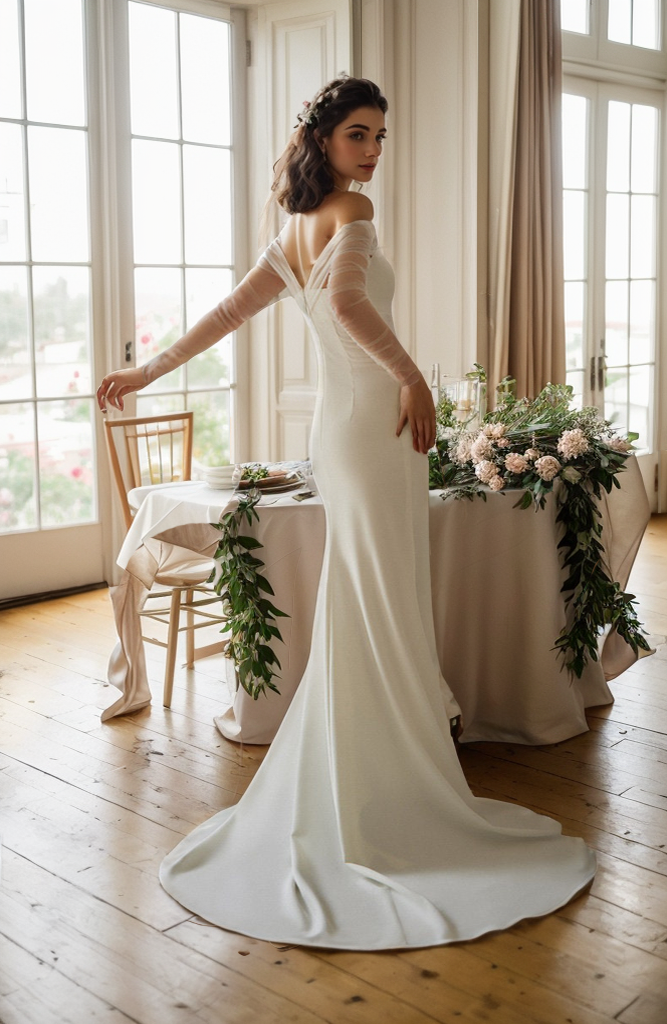 Elegant off-the-shoulder tulle long sleeve satin wedding dress with fit and flare silhouette by SelenaHuanStudio.