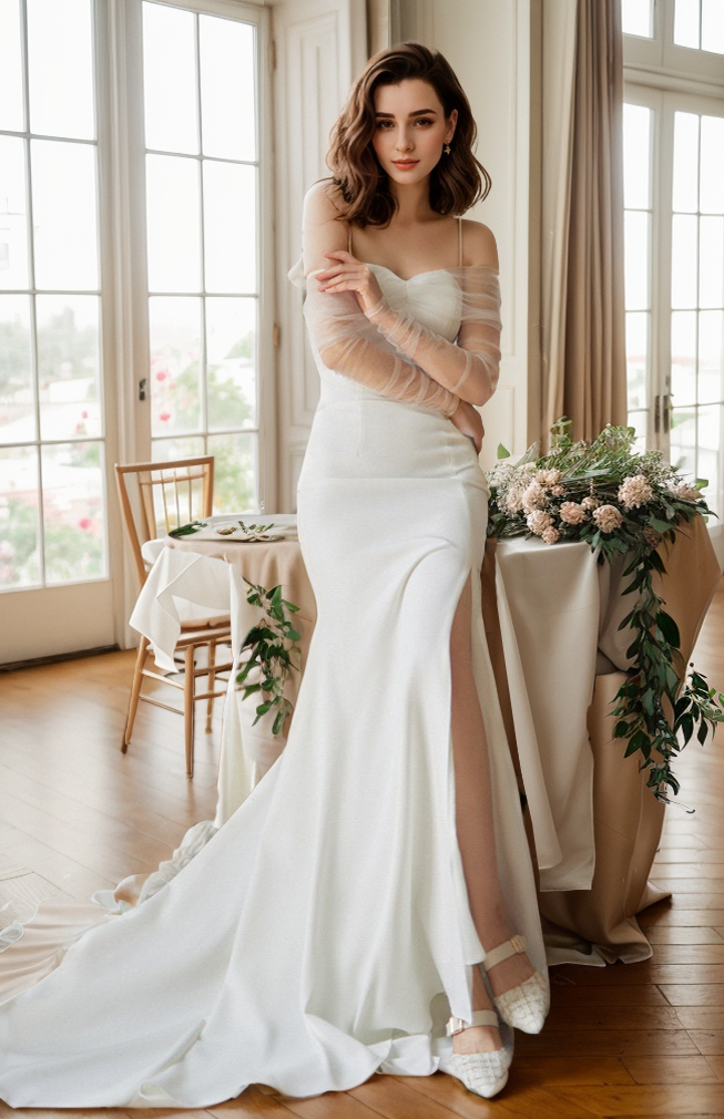 Elegant off-the-shoulder tulle satin wedding dress with long sleeves, fit and flare silhouette, designed by SelenaHuanStudio.