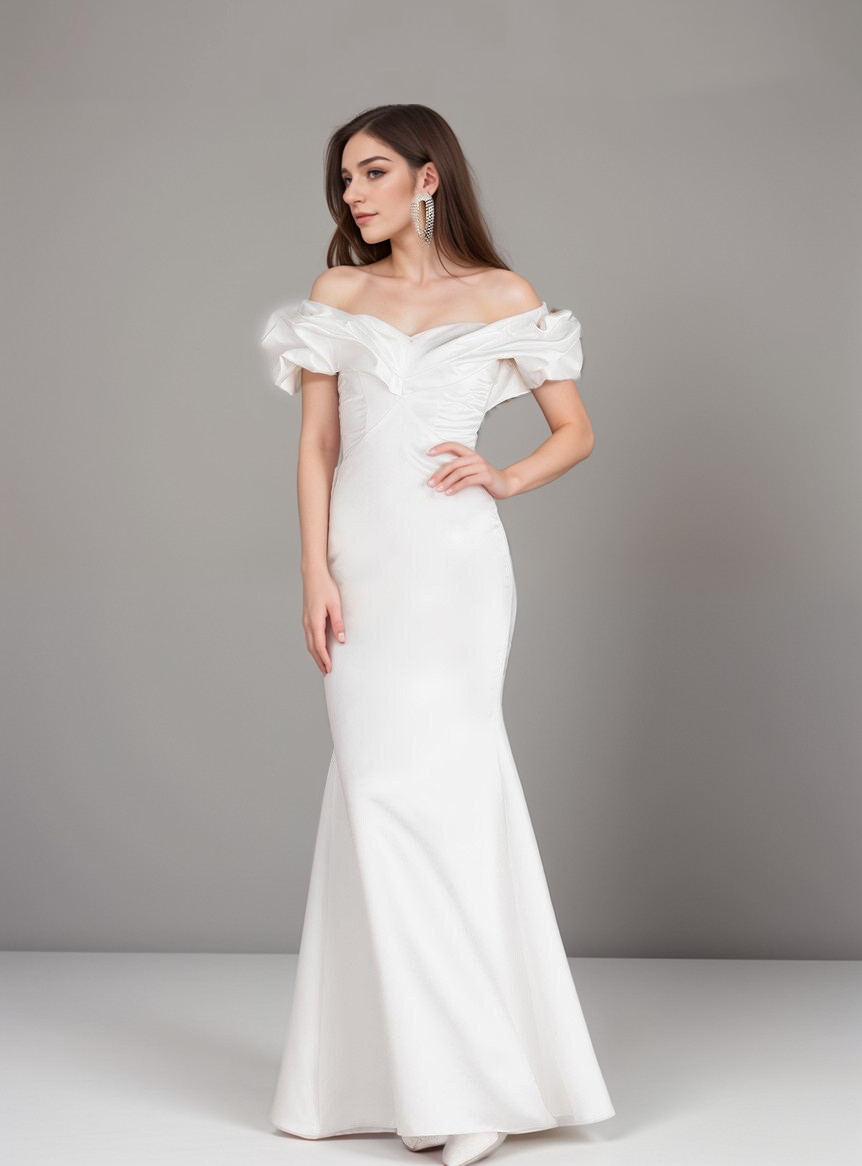 Elegant mini wedding dress by SelenaHuanStudio, ruffled off-the-shoulder satin trumpet style with a simple, white design.
