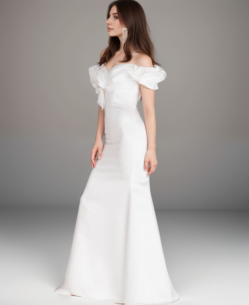 Elegant off-the-shoulder ruffled trumpet wedding dress by SelenaHuanStudio, made of silky satin for a simple, sophisticated look.