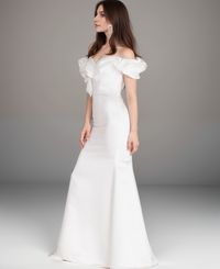 Elegant off-the-shoulder ruffled trumpet wedding dress by SelenaHuanStudio, made of silky satin for a simple, sophisticated look.