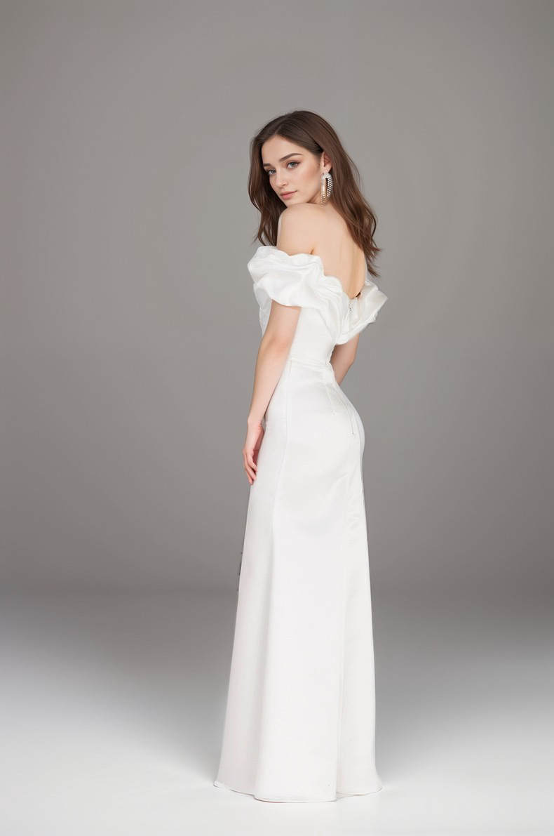 Elegant mini wedding dress by SelenaHuanStudio with ruffled off-the-shoulder design, silky satin fabric, and trumpet silhouette.