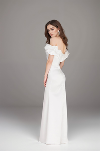 Elegant mini wedding dress by SelenaHuanStudio with ruffled off-the-shoulder design, silky satin fabric, and trumpet silhouette.