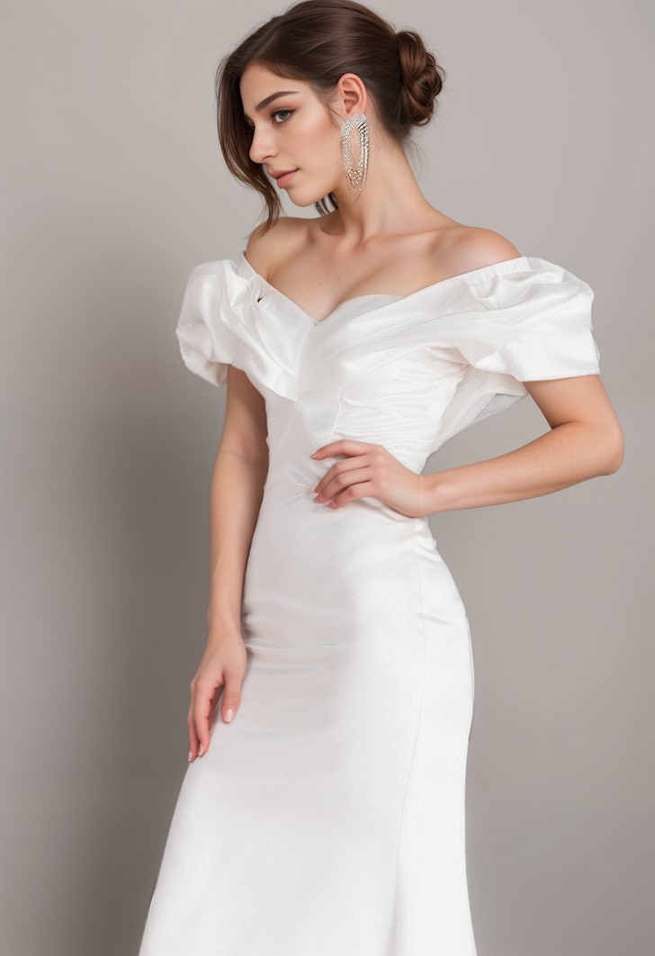Elegant off-the-shoulder satin mini wedding dress with ruffles and trumpet silhouette, by SelenaHuanStudio.