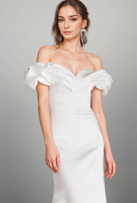 Elegant ruffled off-the-shoulder satin wedding dress by SelenaHuanStudio, featuring a trumpet silhouette and simple design.