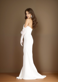 SelenaHuanStudio satin mini wedding dress with strapless front buttons, fit and flare style, middle slit, elegant and simple design